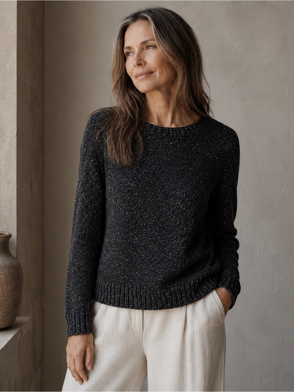 Eileen Fisher Womens Sweater Sz S Charcoal Gray Cotton Linen Coastal Minimalist
